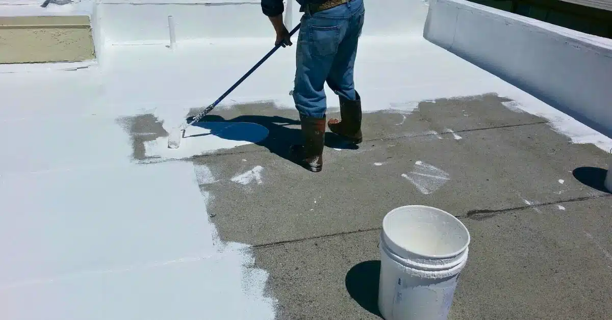 Silicone roof coating being applied on a commercial flat roof