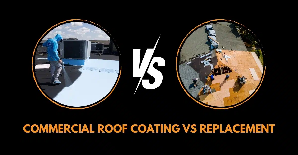 Contractor applying roof coating next to a team performing full roof replacement on a commercial building